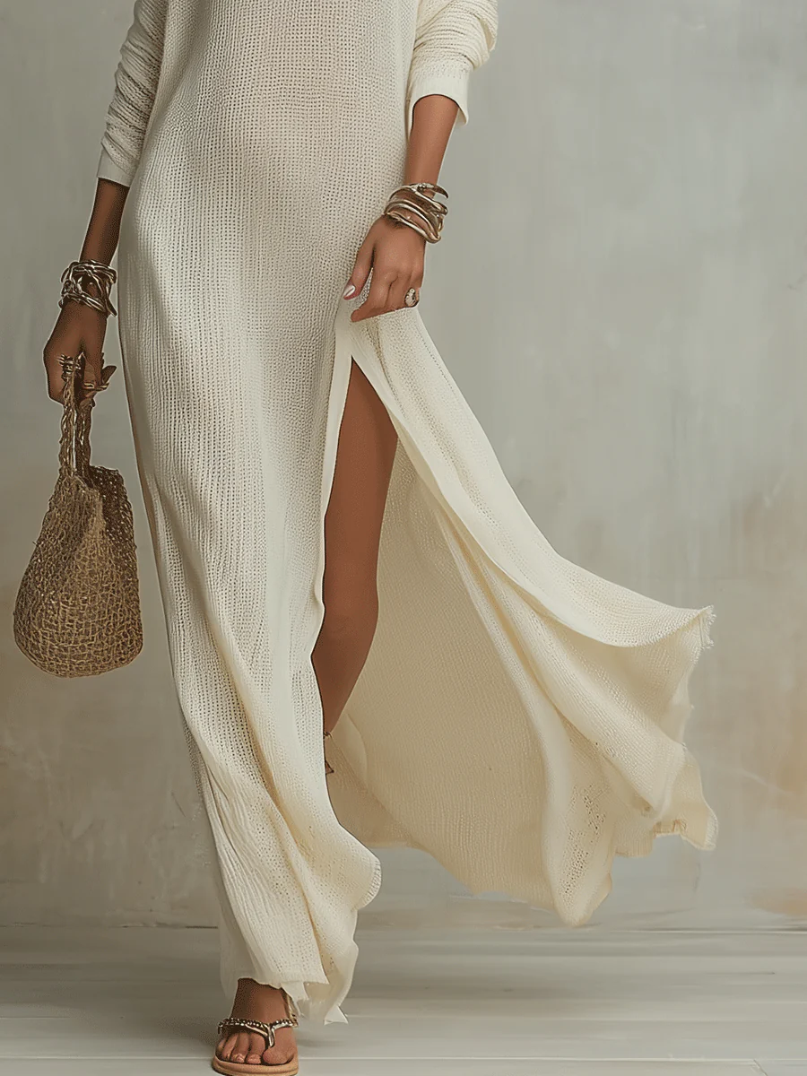Bohemian One-Shoulder Textured Maxi Dress In Soft Ivory - Image 6