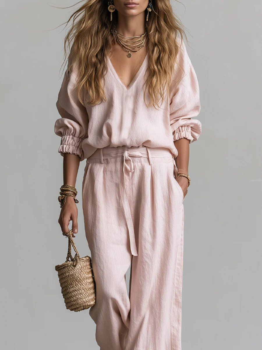 Bohemian Pink Linen Pants Suit - Image 2