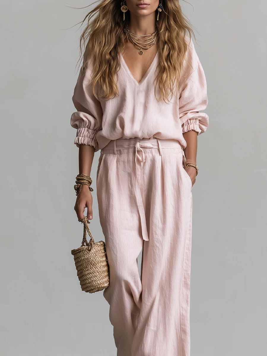 Bohemian Pink Linen Pants Suit - Image 3
