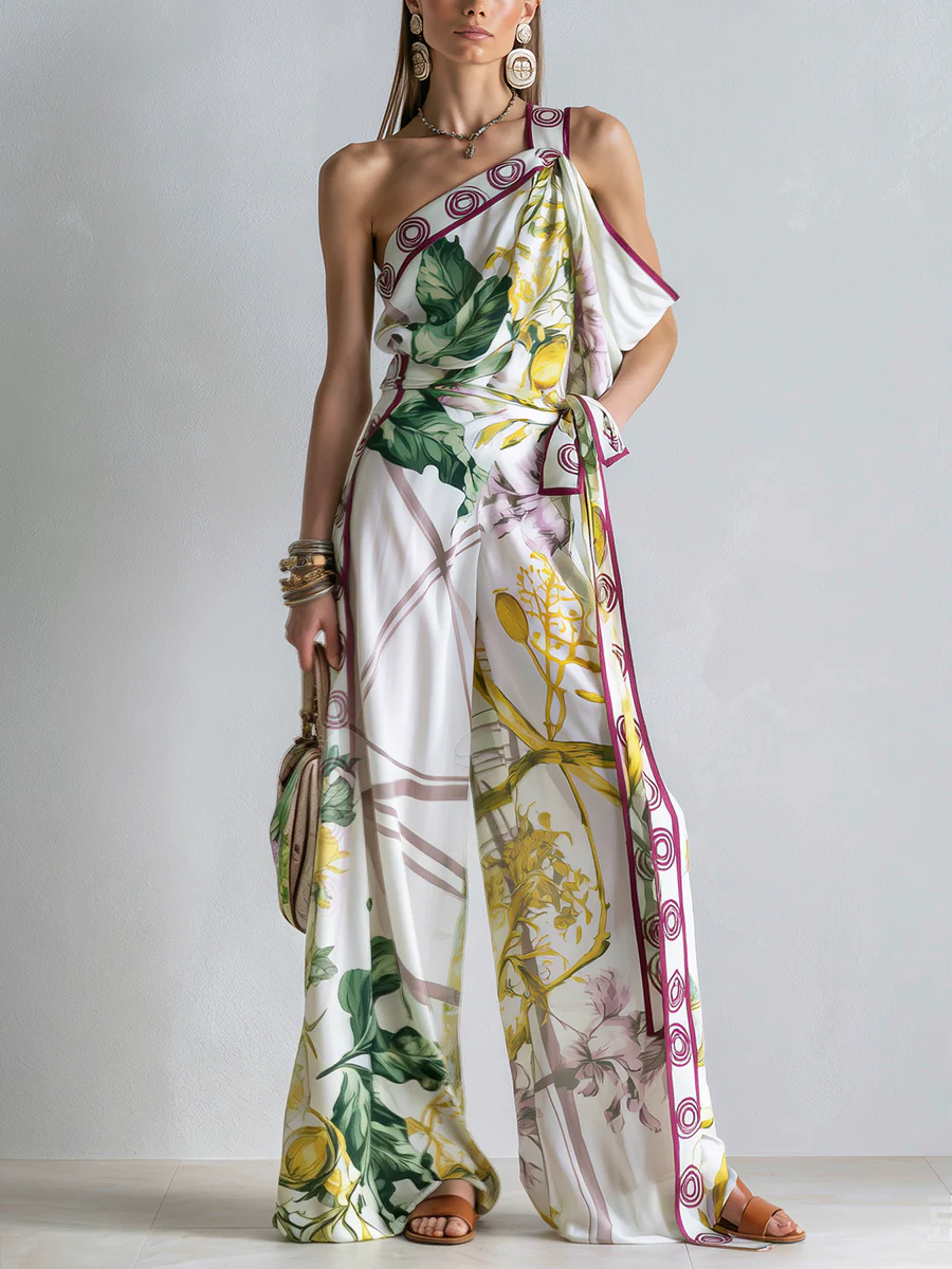 Bohemian Print One Shoulder Top And Wide Leg Set