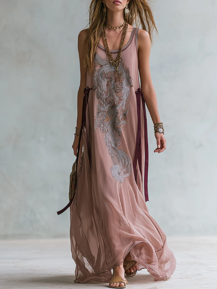 Bohemian Raspberry Pink Ribbon Chiffon Maxi Dress