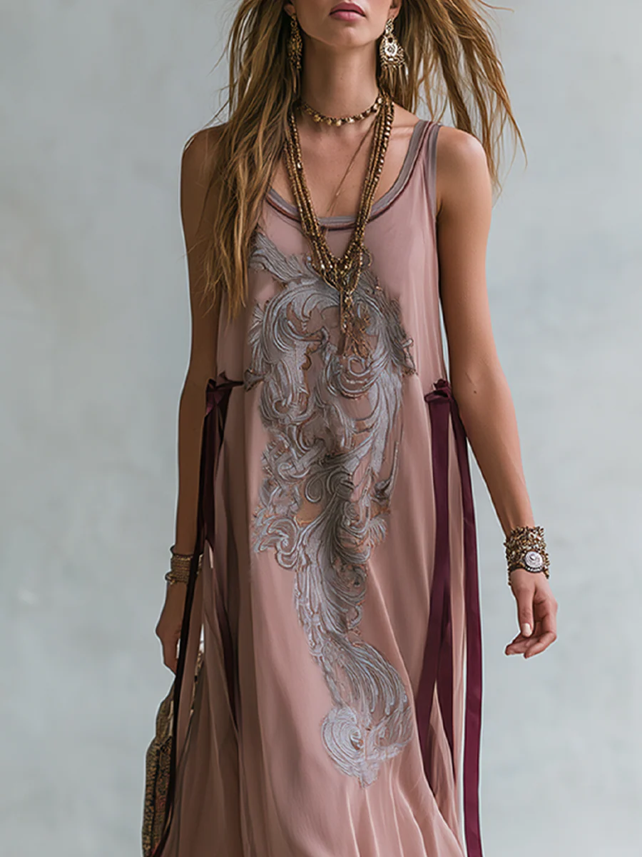 Bohemian Raspberry Pink Ribbon Chiffon Maxi Dress - Image 2