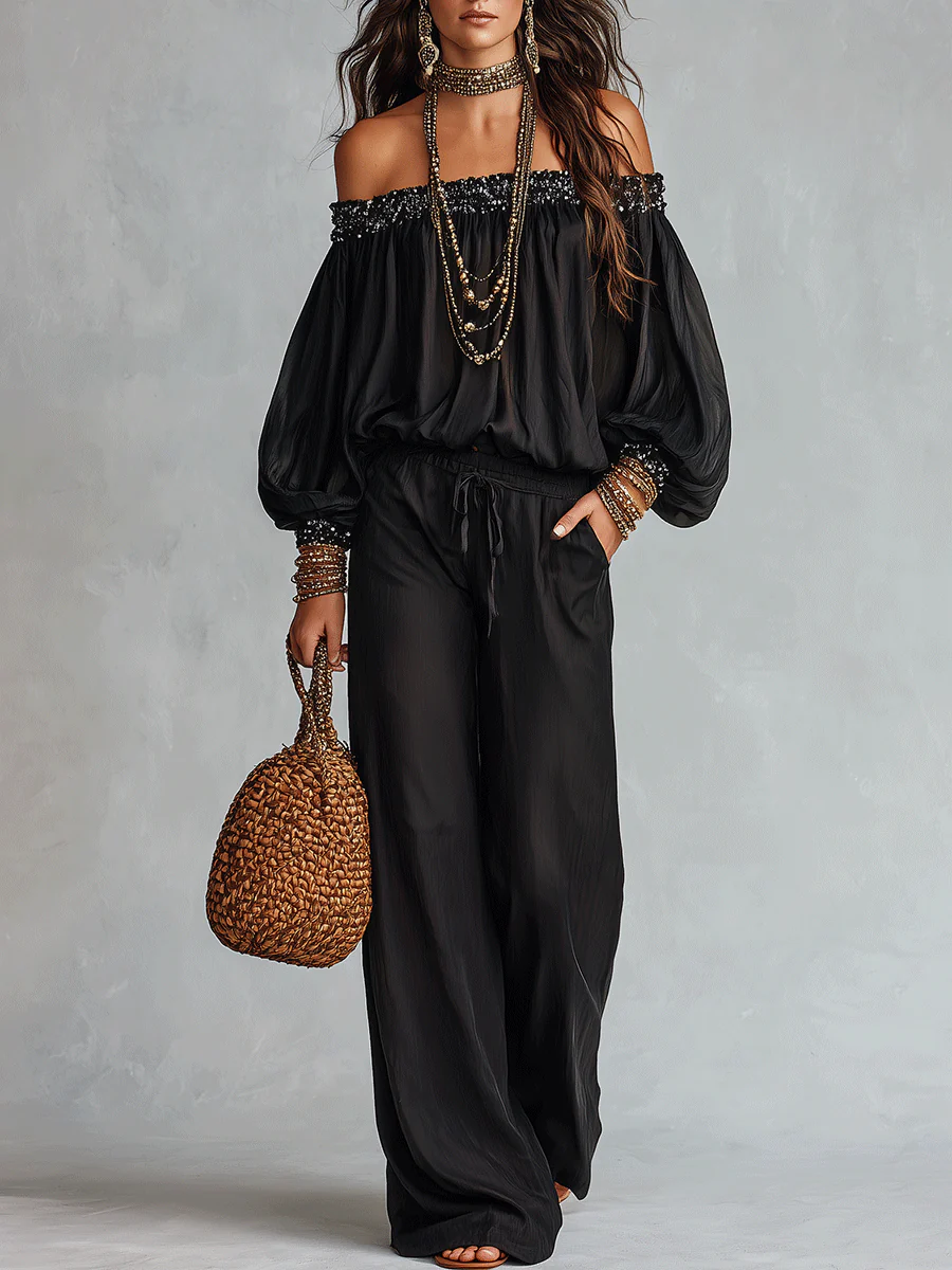 Bohemian Resort Black Off-Shoulder Blouse & Wide-Leg Pants Set