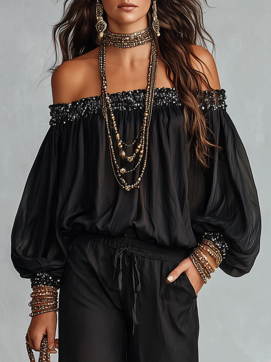 Bohemian Resort Black Off-Shoulder Blouse & Wide-Leg Pants Set - Image 2