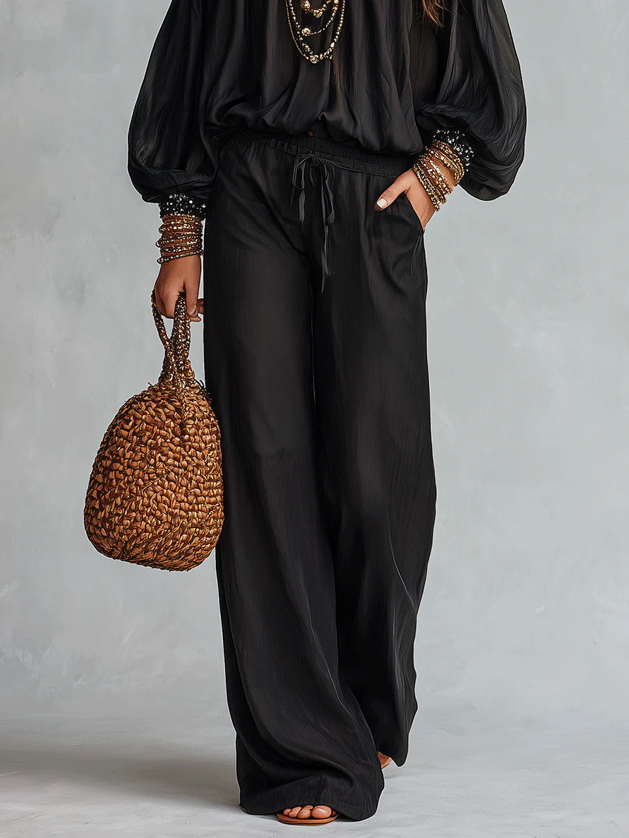 Bohemian Resort Black Off-Shoulder Blouse & Wide-Leg Pants Set - Image 3