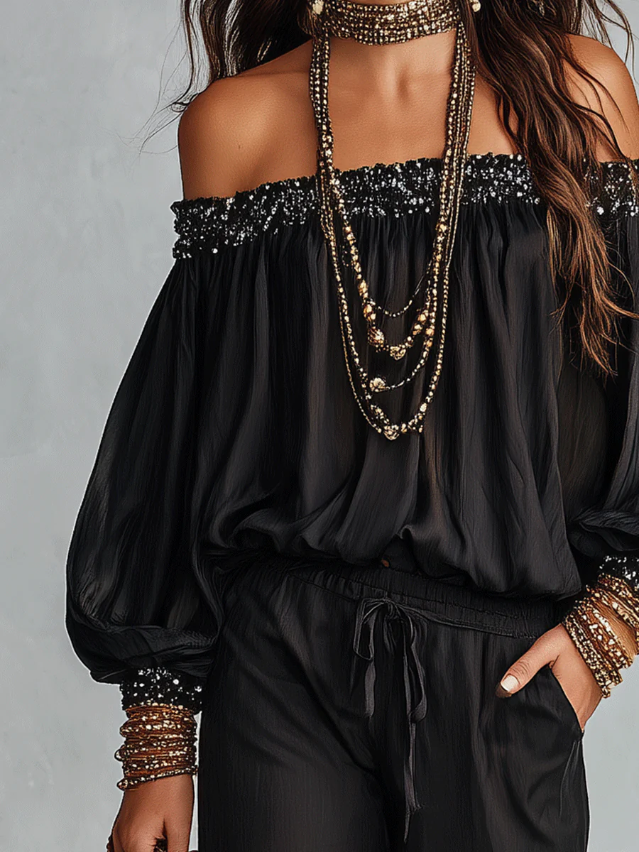 Bohemian Resort Black Off-Shoulder Blouse & Wide-Leg Pants Set - Image 4