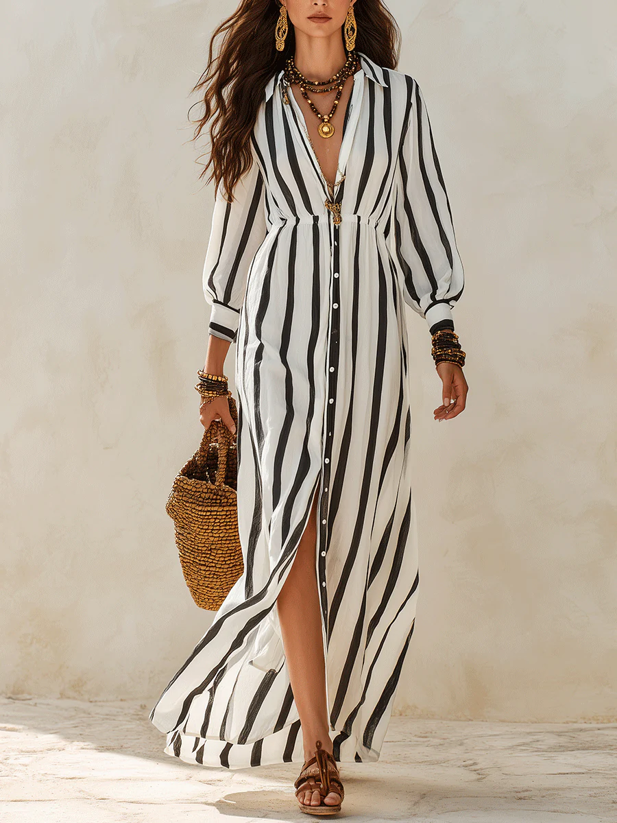 Bohemian Resort Black & White Stripe Button-Front Maxi Shirt Dress