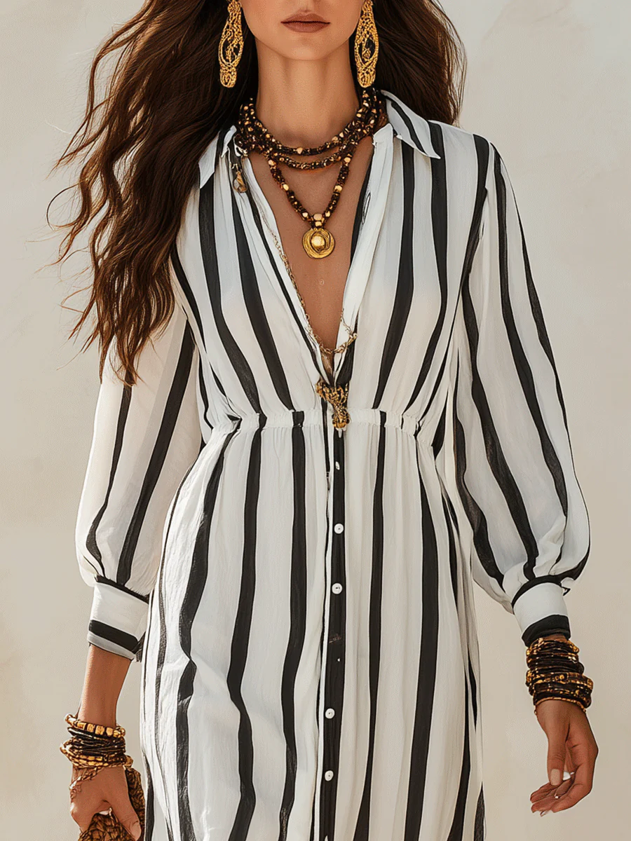 Bohemian Resort Black & White Stripe Button-Front Maxi Shirt Dress - Image 2