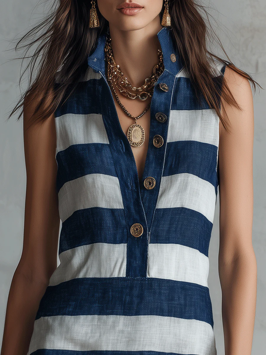 Bohemian Resort Nautical Stripe Button Halter Mini Dress - Image 2