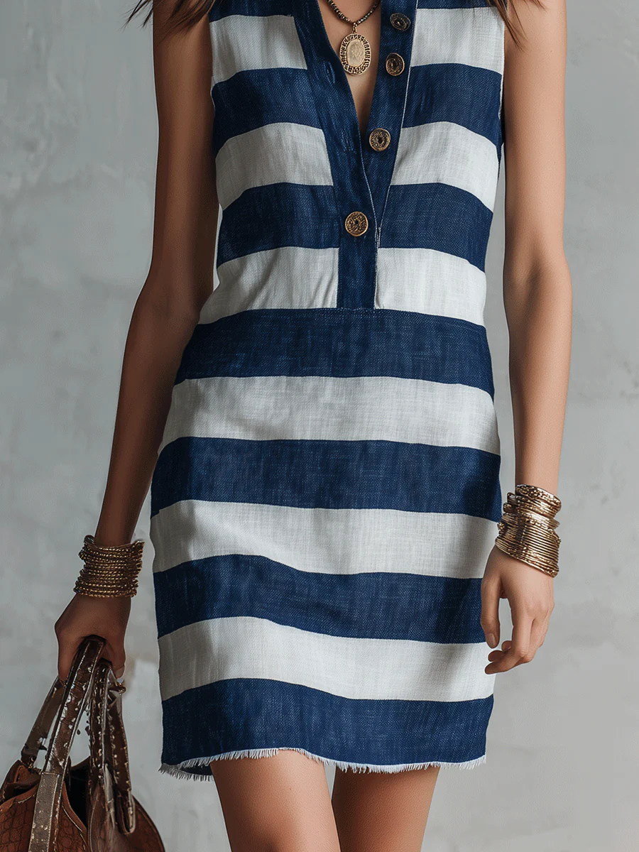Bohemian Resort Nautical Stripe Button Halter Mini Dress - Image 3