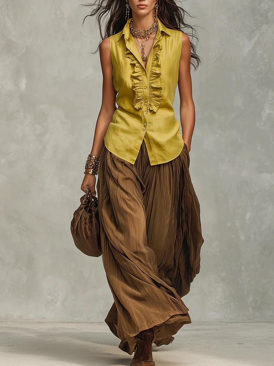 Bohemian Resort Ruffle Sleeveless Olive Satin Blouse & Flowing Wide-Leg Pants Set