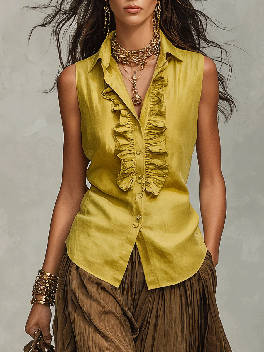Bohemian Resort Ruffle Sleeveless Olive Satin Blouse & Flowing Wide-Leg Pants Set - Image 2