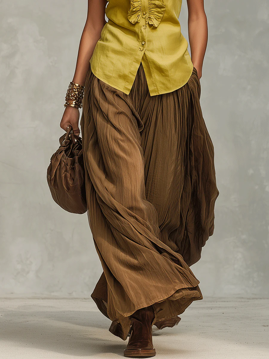Bohemian Resort Ruffle Sleeveless Olive Satin Blouse & Flowing Wide-Leg Pants Set - Image 3