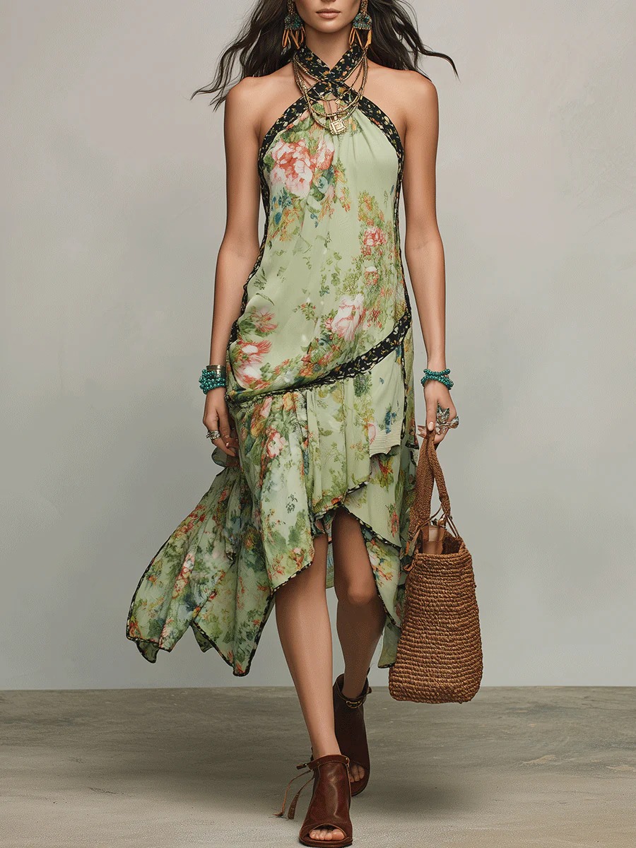 Bohemian Resort Sage Green Floral Halter Ruffle Midi Dress