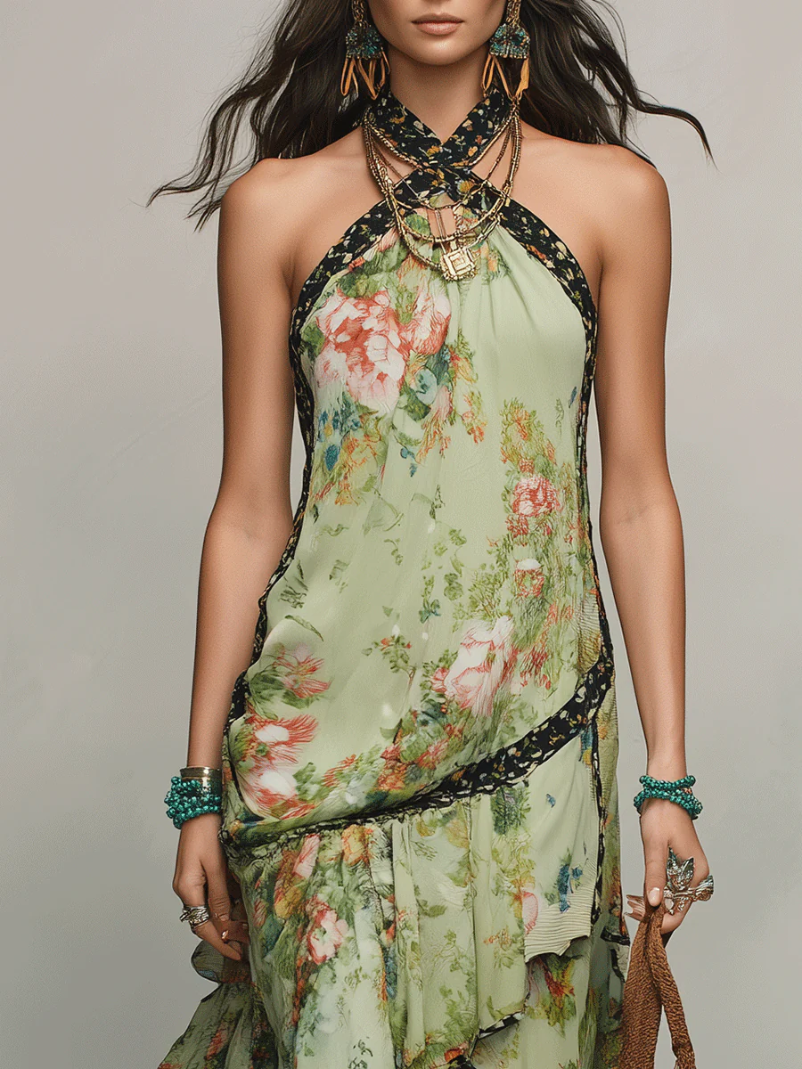 Bohemian Resort Sage Green Floral Halter Ruffle Midi Dress - Image 2