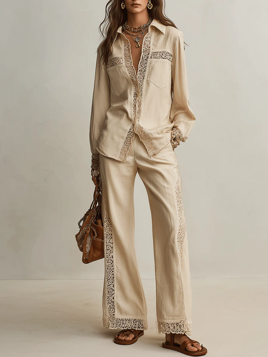 Bohemian Resort Sand Beige Lace-Trim Shirt & Wide-Leg Pants Set
