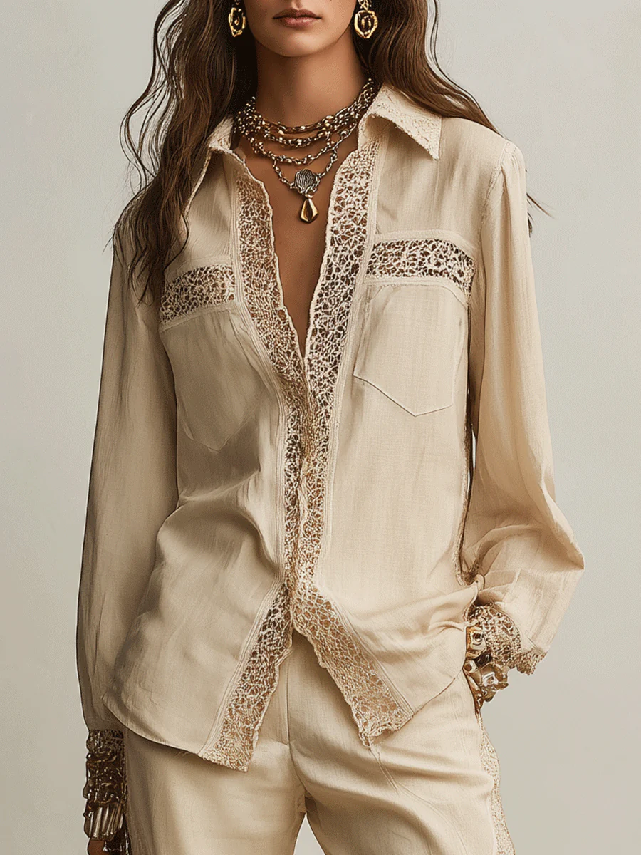 Bohemian Resort Sand Beige Lace-Trim Shirt & Wide-Leg Pants Set - Image 2