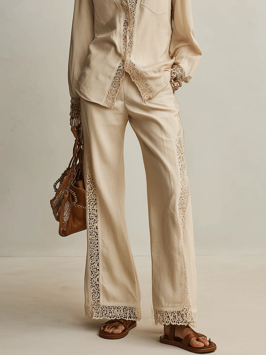 Bohemian Resort Sand Beige Lace-Trim Shirt & Wide-Leg Pants Set - Image 3