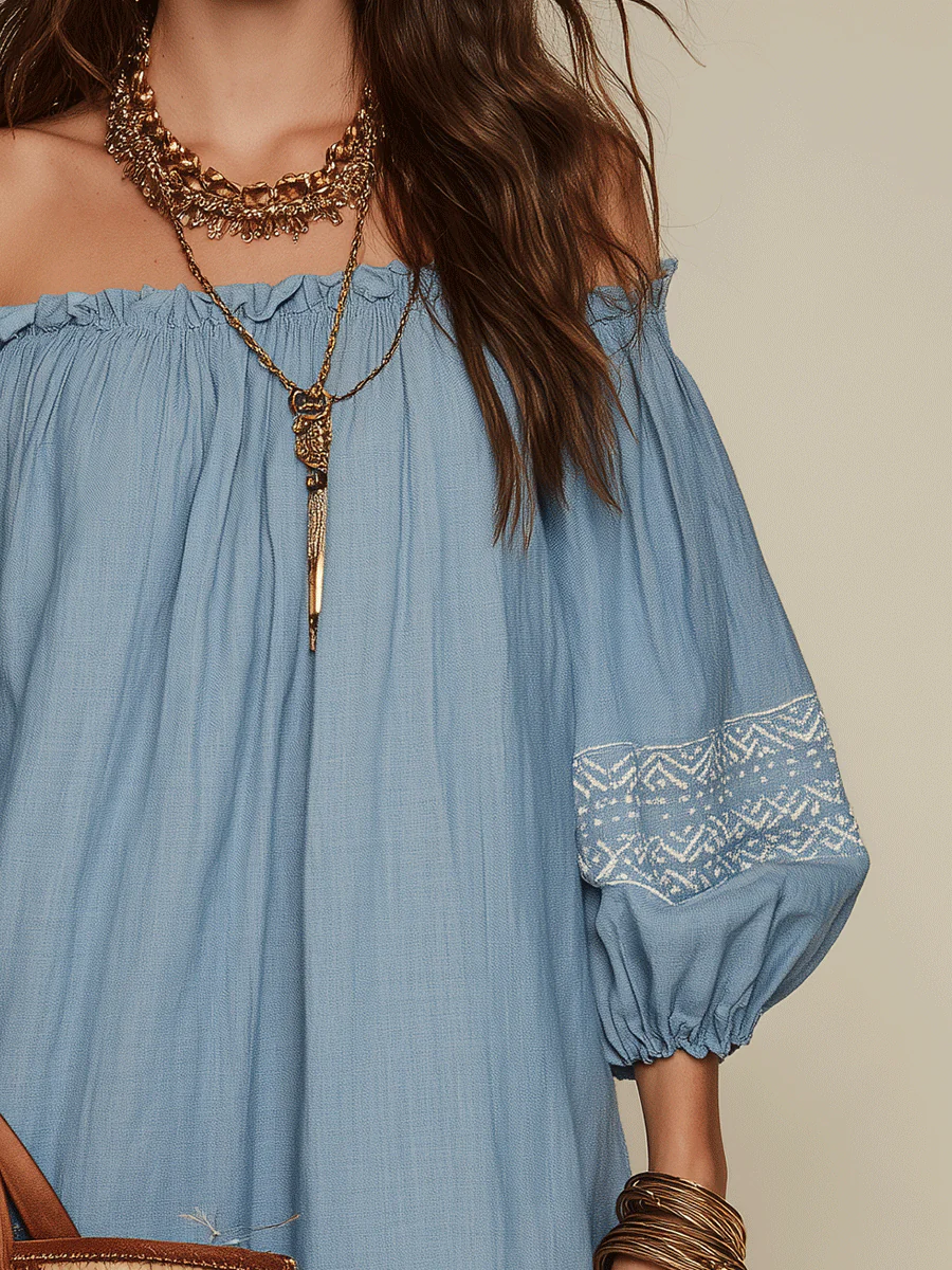 Bohemian Resort Sky Blue Off-Shoulder Embroidered Mini Dress - Image 2