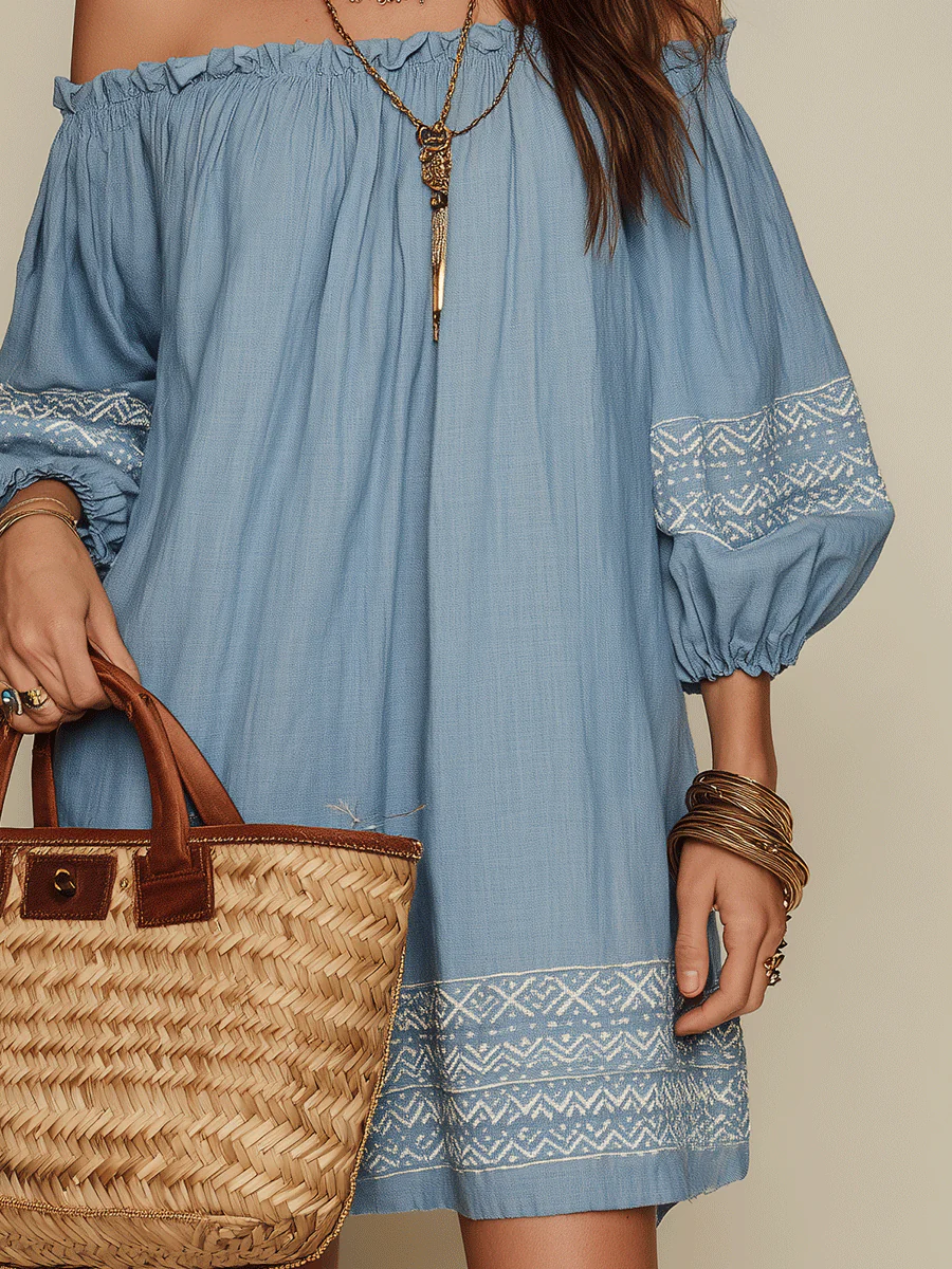 Bohemian Resort Sky Blue Off-Shoulder Embroidered Mini Dress - Image 3