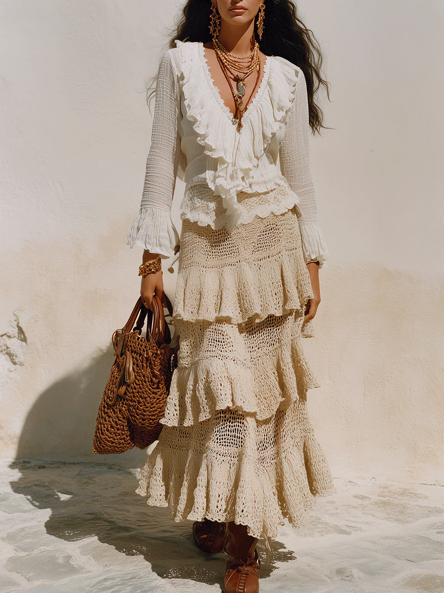 Bohemian Ruffle Resort Ivory Deep-V Lace Trim Blouse - Image 2