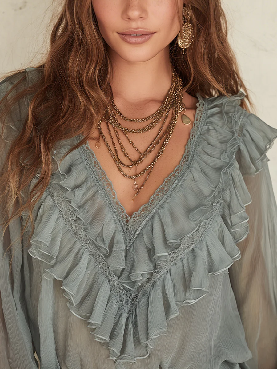 Bohemian Sage Green Lace Ruffled Shirt - Image 2
