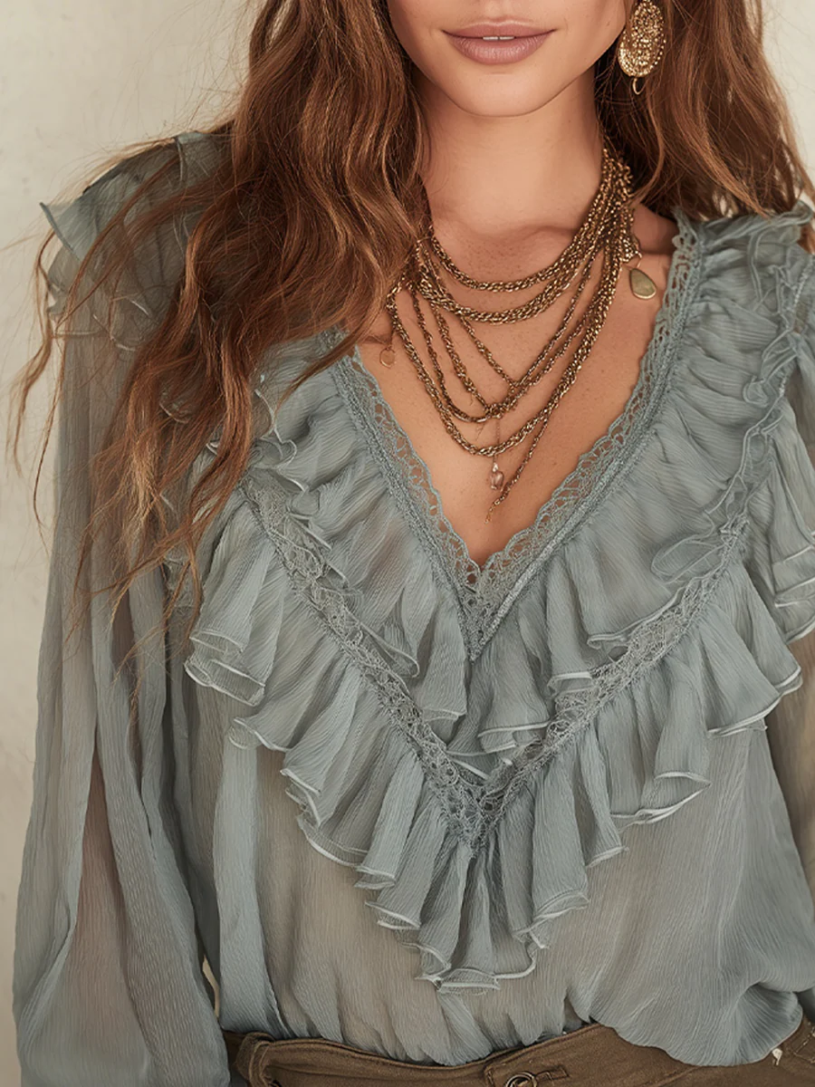 Bohemian Sage Green Lace Ruffled Shirt - Image 3