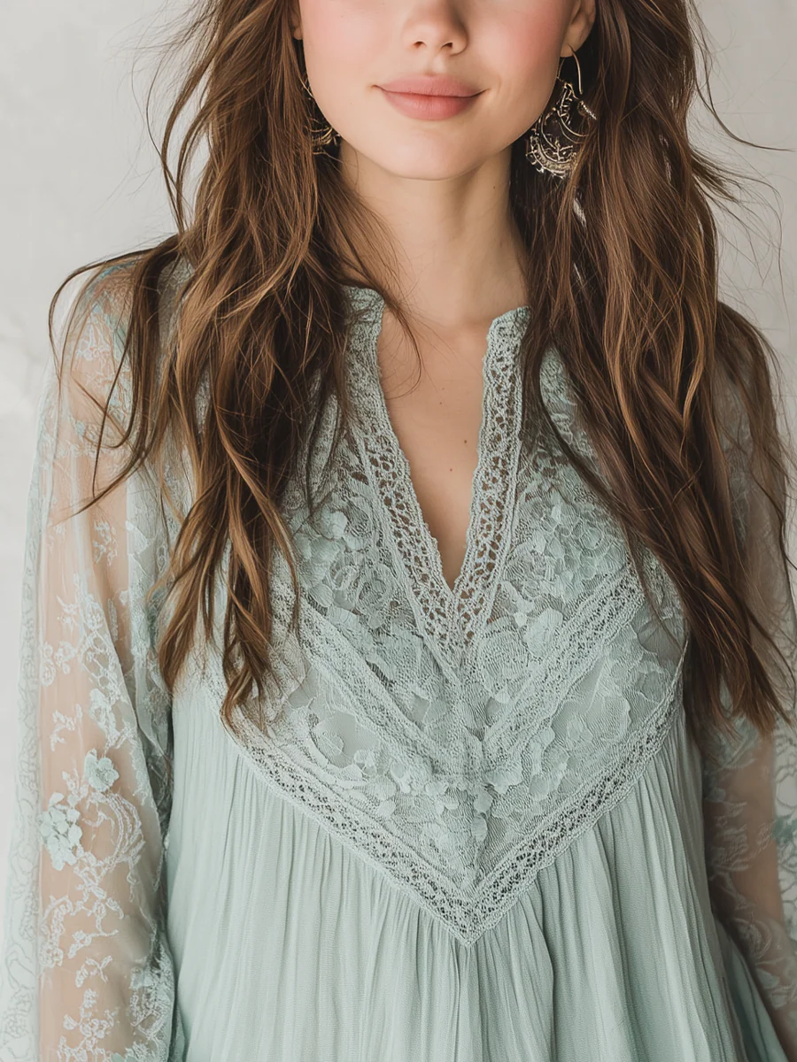 Bohemian Sage Lace V-Neck Blouse - Image 2