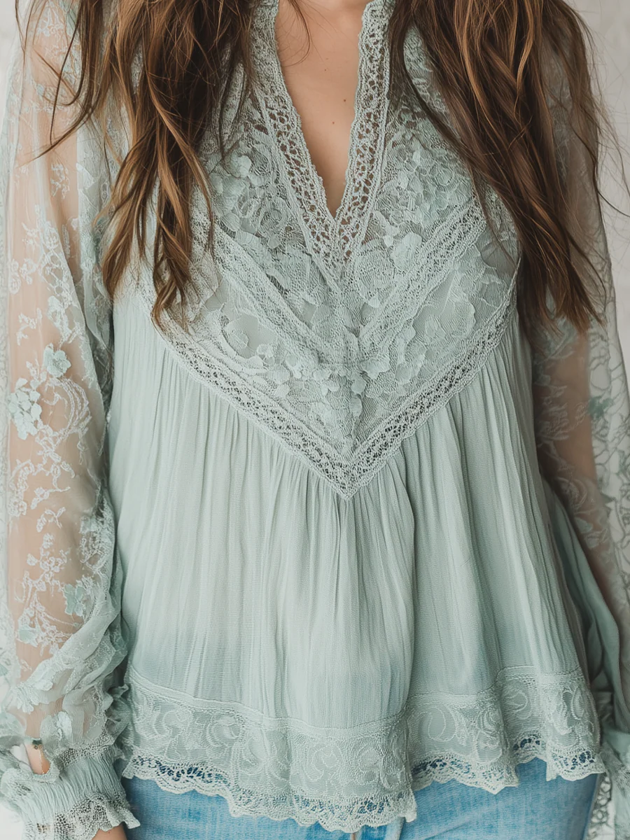 Bohemian Sage Lace V-Neck Blouse - Image 3