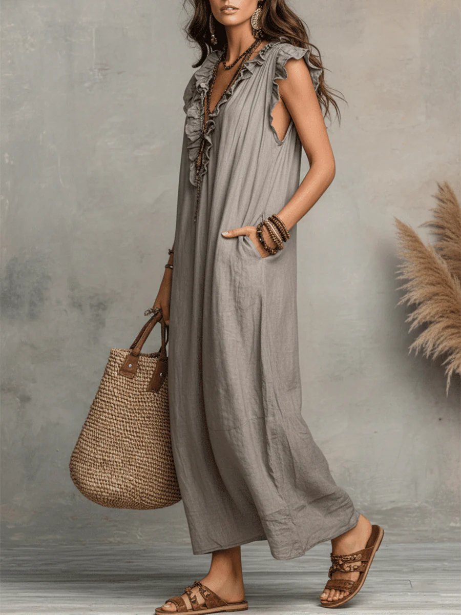 Bohemian Sleeveless Ruffle V-Neck Flowy Maxi Dress - Image 2