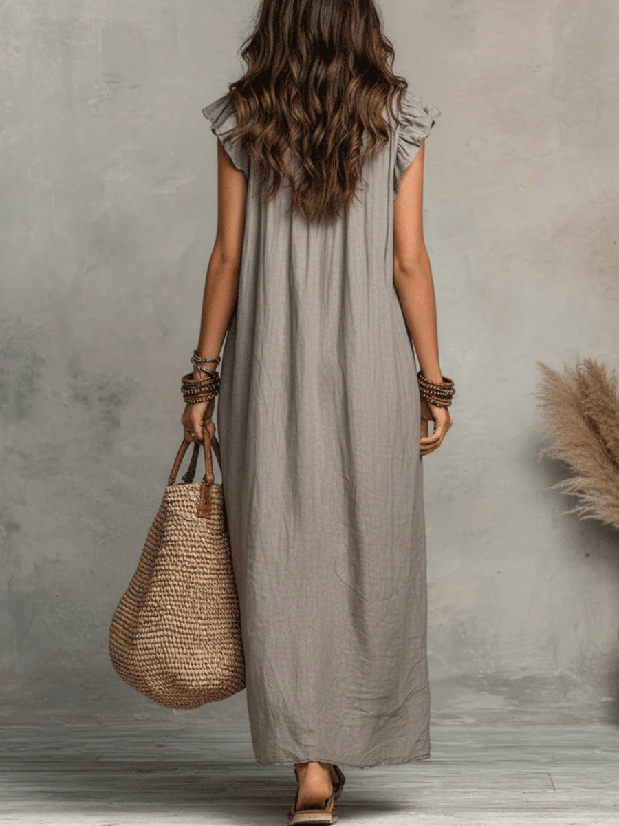 Bohemian Sleeveless Ruffle V-Neck Flowy Maxi Dress - Image 3