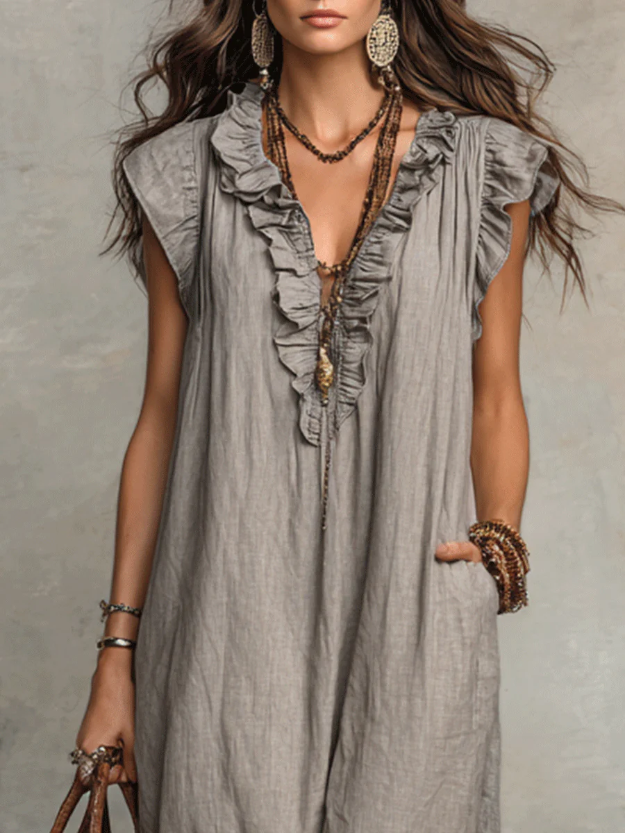 Bohemian Sleeveless Ruffle V-Neck Flowy Maxi Dress - Image 4
