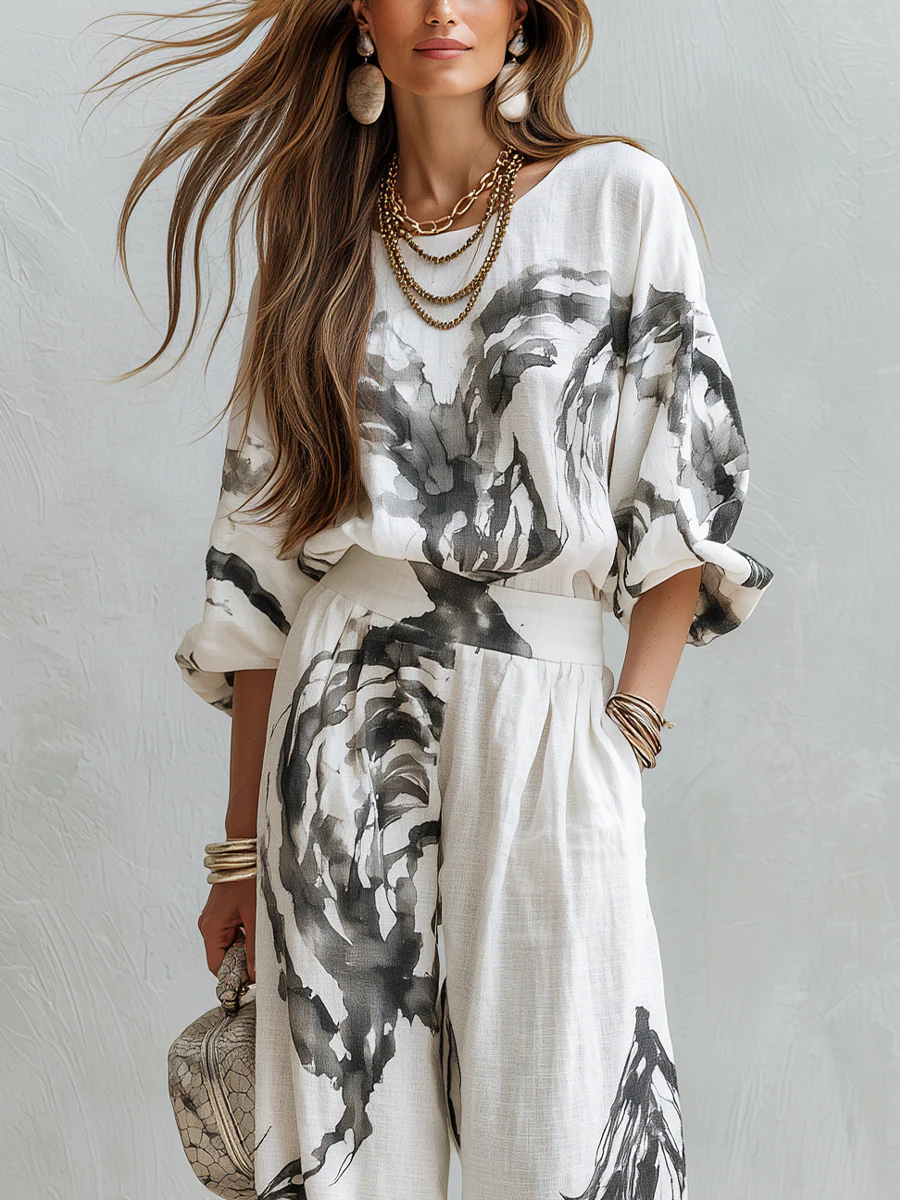 Bohemian Style Abstract Print Top And Wide Leg Pants Set - Image 2