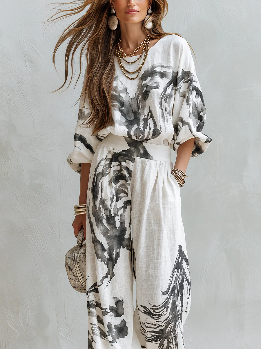 Bohemian Style Abstract Print Top And Wide Leg Pants Set - Image 3