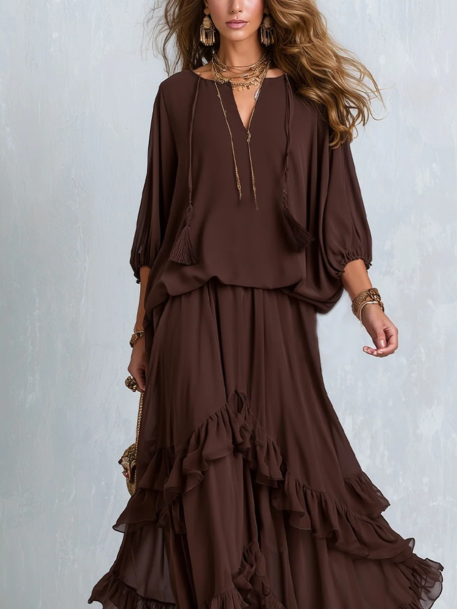 Bohemian Style Brown Layered Ruffle Skirt Suit - Image 3