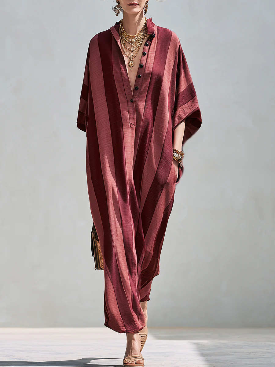 Bohemian Style Burgundy Striped Kaftan Maxi Dress