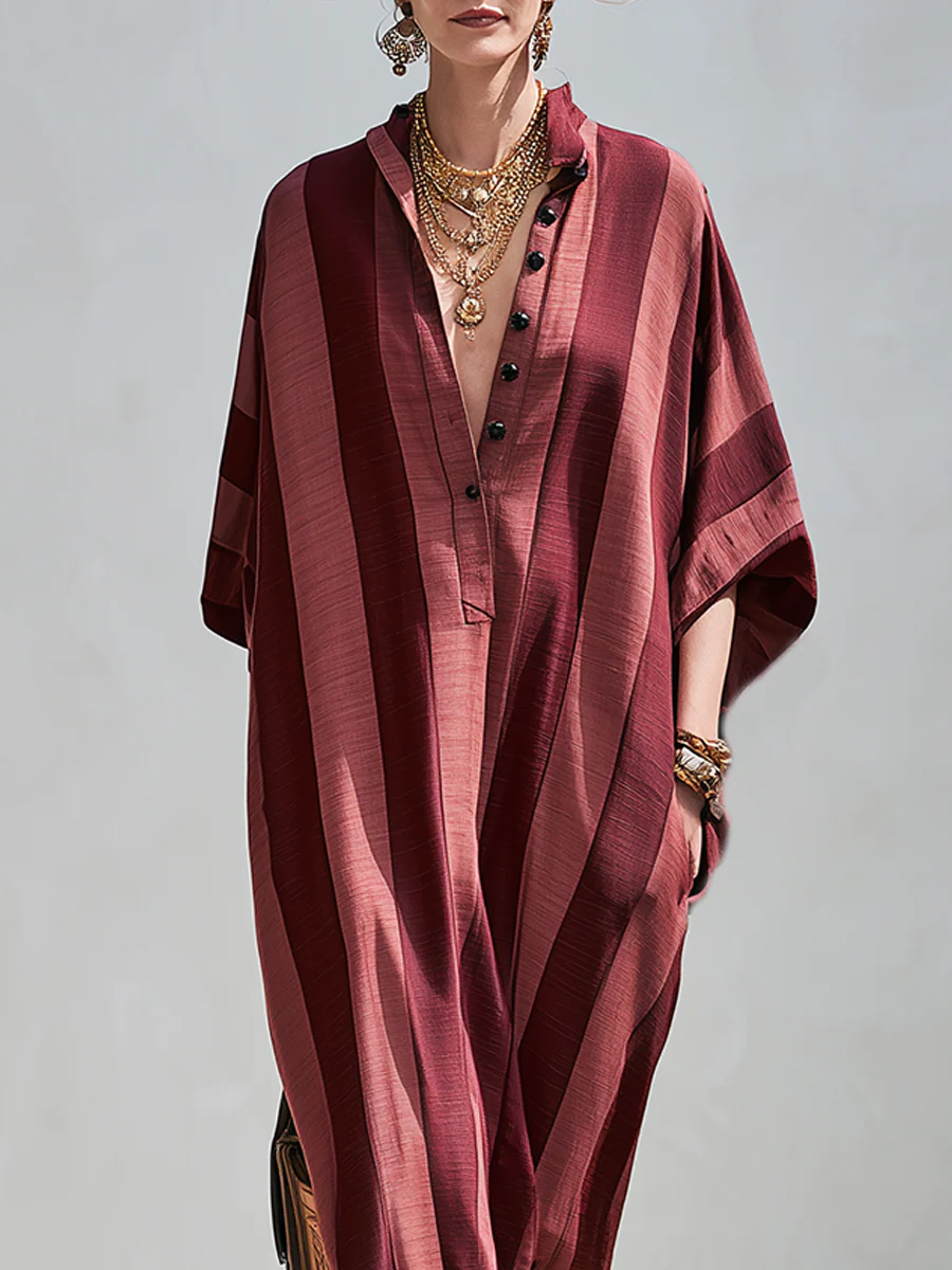Bohemian Style Burgundy Striped Kaftan Maxi Dress - Image 2