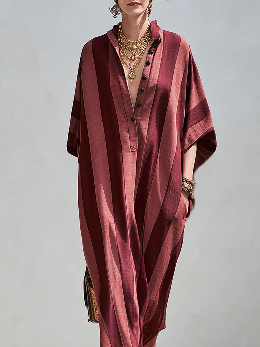 Bohemian Style Burgundy Striped Kaftan Maxi Dress - Image 3