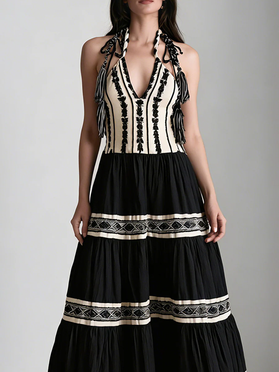 Bohemian-Style Color-Block Embroidered Maxi Dress - Image 2