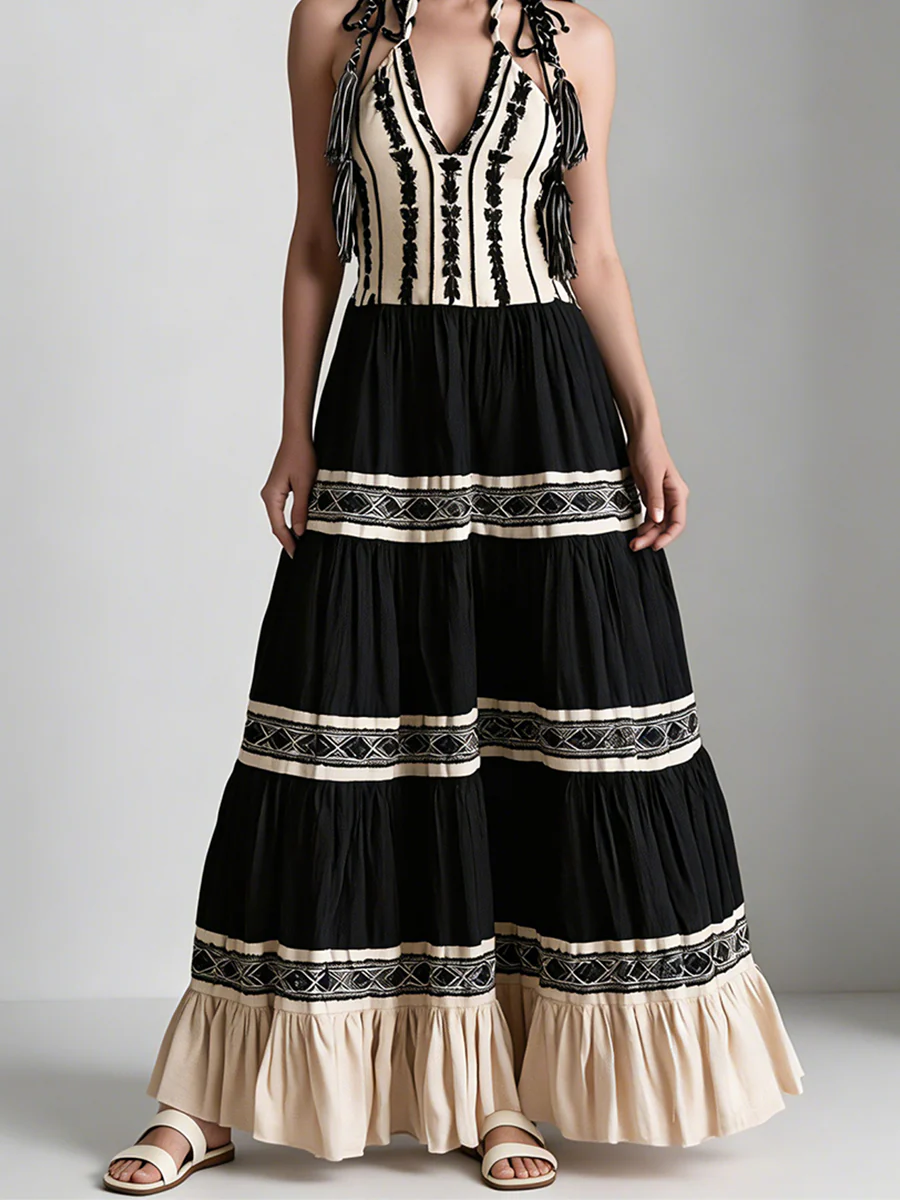Bohemian-Style Color-Block Embroidered Maxi Dress - Image 3