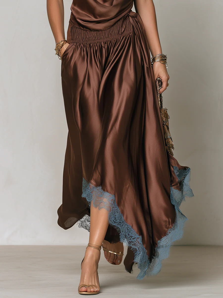 Bohemian Style Draped Neck Top And Lace Skirt Set - Image 3