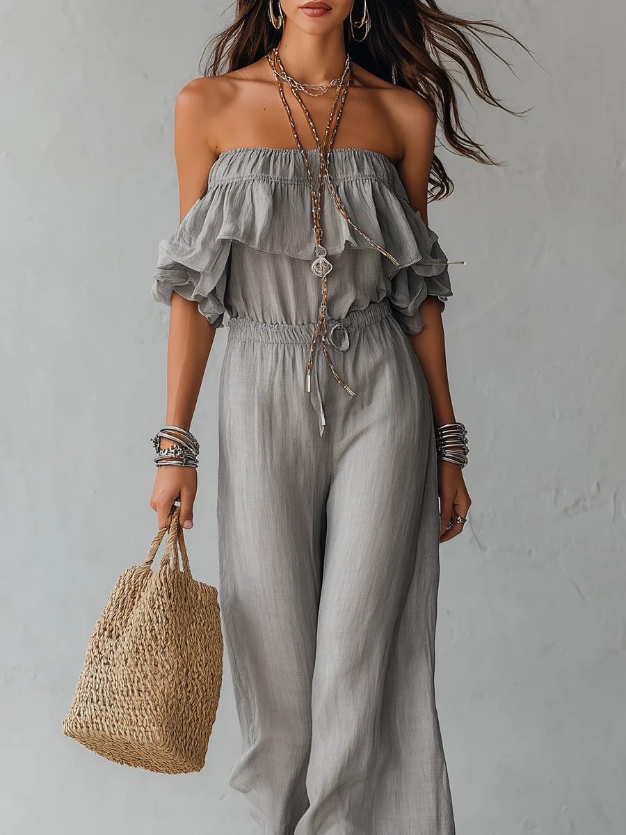 Bohemian style Gray Off the shoulder Wide leg Jumpsuit With Ruffled Details - Image 3