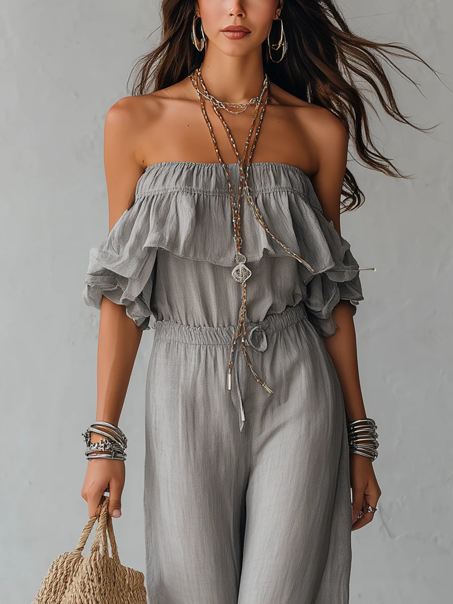 Bohemian style Gray Off the shoulder Wide leg Jumpsuit With Ruffled Details - Image 4