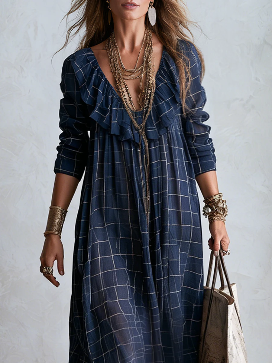 Bohemian Style Midnight Blue Plaid Ruffle Maxi Skirt - Image 2