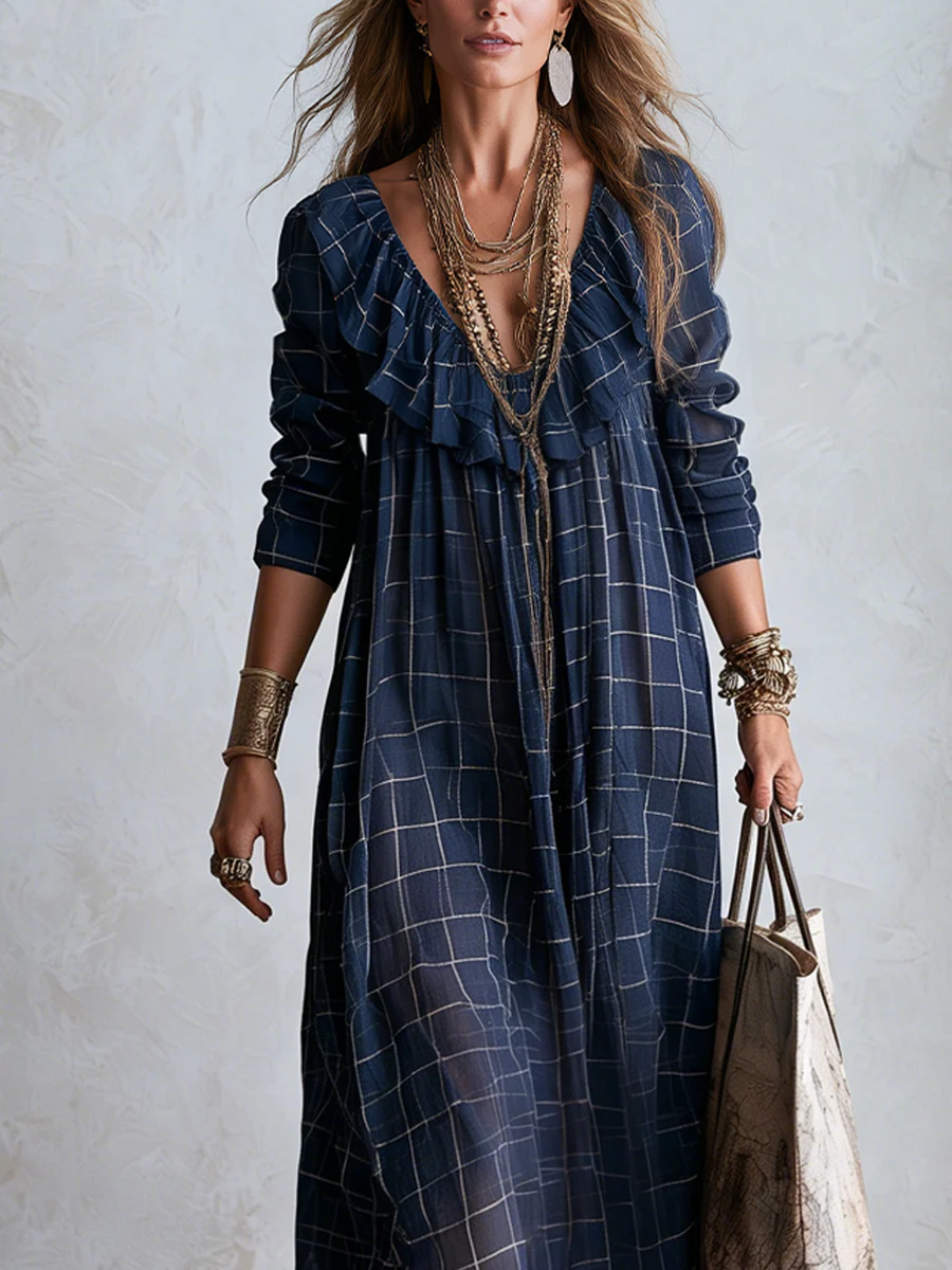 Bohemian Style Midnight Blue Plaid Ruffle Maxi Skirt - Image 3