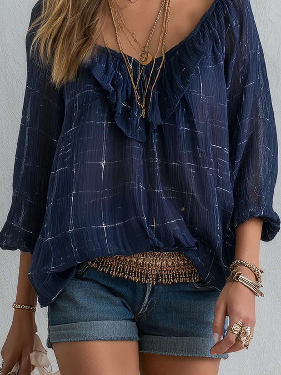 Bohemian Style Midnight Blue Plaid Shirt - Image 3