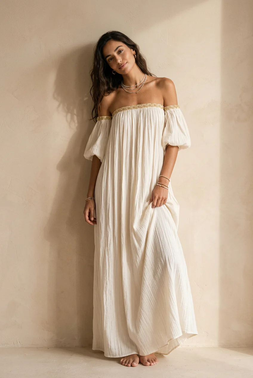 Bohemian Style Off-the-shoulder Pleated Ivory Long Dress - Image 2