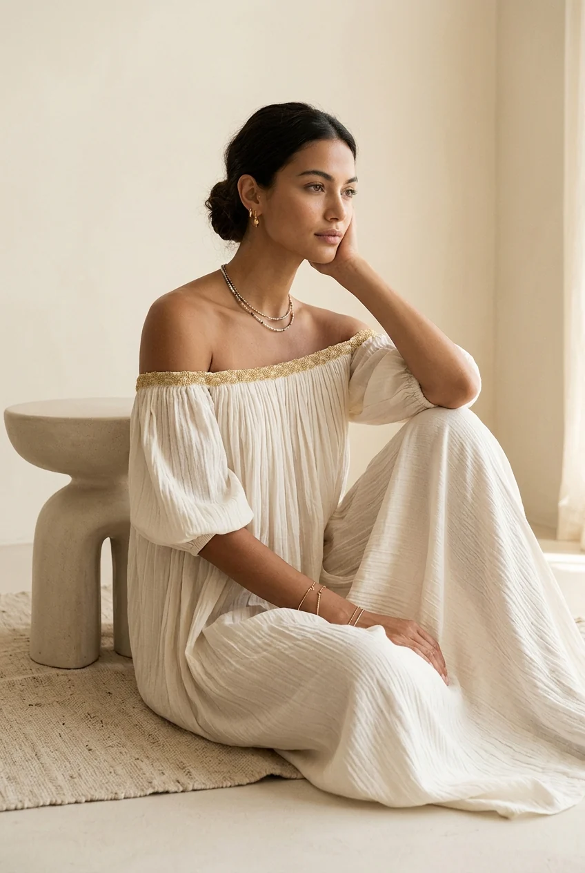 Bohemian Style Off-the-shoulder Pleated Ivory Long Dress - Image 3