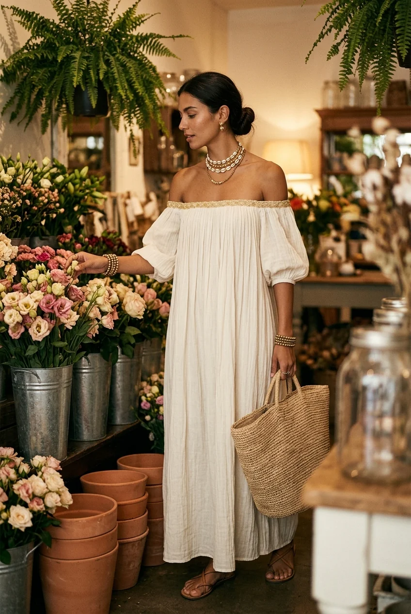 Bohemian Style Off-the-shoulder Pleated Ivory Long Dress - Image 4