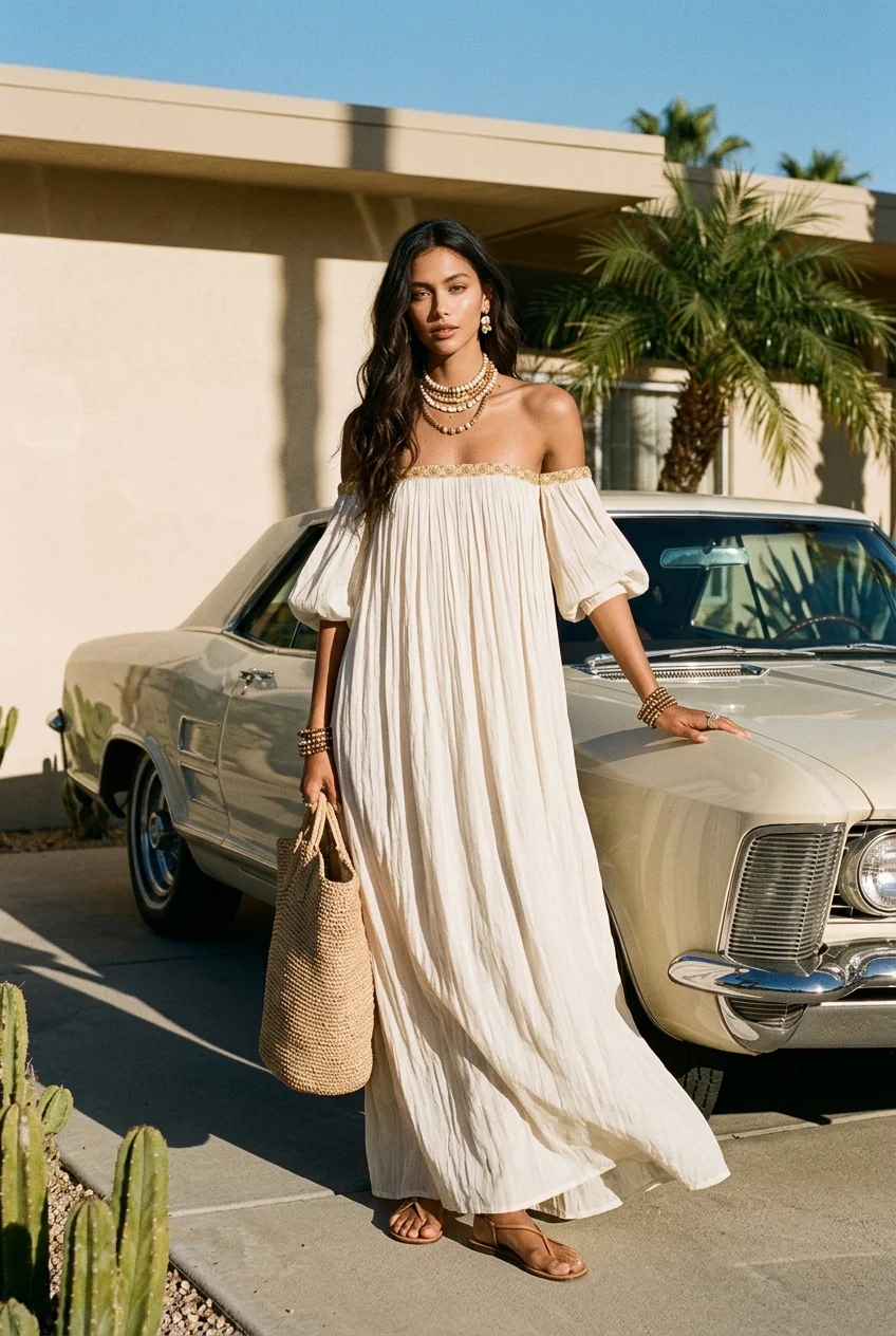 Bohemian Style Off-the-shoulder Pleated Ivory Long Dress - Image 5